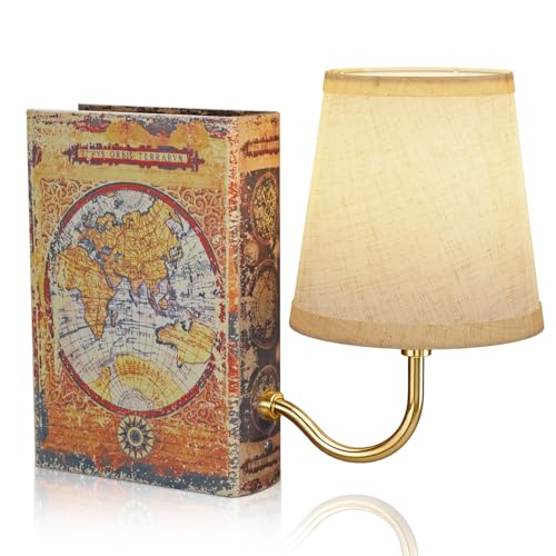 FUNTAPHANTA Gold Warm Light Vintage Bookshelf Lamp Rechargeable, Cordless Bookcase Lamp with Linen Shade, Dimmable Touch Control Table Lamp, Modern Decorative Bookend, Bookshelf Lights for Office Home