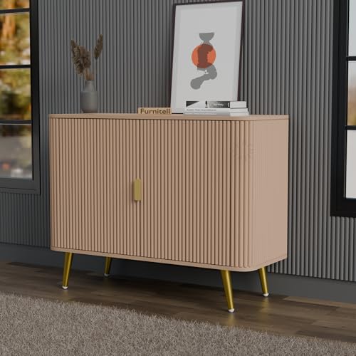 Image of Wooden Sideboard Cabinet for Living Room | Side Board Crockery Cabinet with 2 Doors Storage for Dining, Drawing and Home Office | HDMR Premium Wood & Iron, Taupe