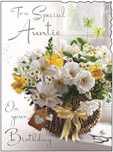 Illustrated Auntie Birthday Card - (JJ3605) - Basket - From The Velvet Range - Embossed With A Silver Foil & Flitter Finish