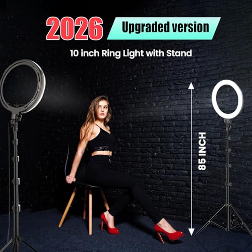 Image of Kratos 2026 Upgrade 10 inches Ring Light with Stand, 85 Inch Foldable Tripod, 3 Colour Mode, Ring Light with USB for Studio, YouTube, Video Shoot Live Stream Makeup Compatible for iPhone, Smartphone