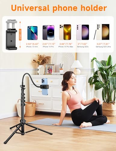 Image of Phone Tripod Stand, 84 inch Tall Flexible Cellphone Tripod for iPhone with Gooseneck Remote, Portable Phone Stand for Recording, Compatible with iPhone 14 13 12 pro Android Camera