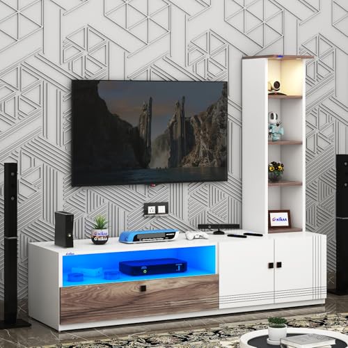 Image of Anikaa Sprax Engineered Wood Floor Standing Modern TV Unit with LED Light for Living Room | 2-Door & Open Box Cabinet with Side Shelf Storage | Ideal for Up To 55 inch | (White /Coachwood) DIY Installation