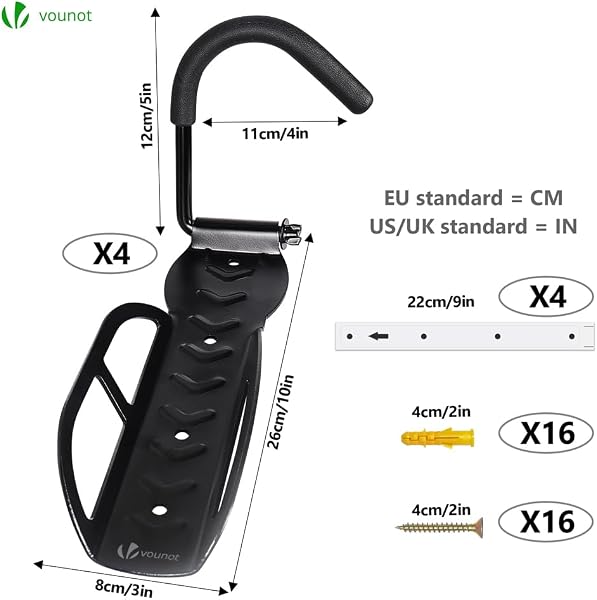 VOUNOT® 4 Pezzi Supporto per Biciclette da Parete, Portabici da Muro Pieghevole Rastrelliera per Bici Salvaspazio, Appendi Bici Gancio per Appendere Biciclette Verticale per Garage Cantina Shed, Nero - 5