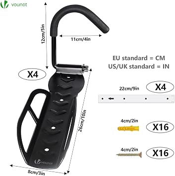 VOUNOT® Bike Wall Mount Rack 4 Pack, Heavy Duty Bike Hooks for Wall Storage, Vertical Bicycle Hanger for Garage, Space Saving Cycle Holder