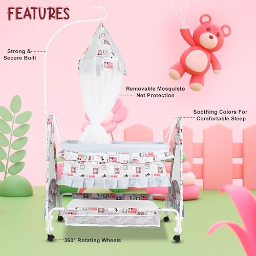Image of New Born Baby Soft Seat Cradle with Swing and Mosquito Net, Four Wheels with Brake Lock for Swing Cradle /Jhula /Palna /Bed /Baby Safe for 0-2 Years (Grey)