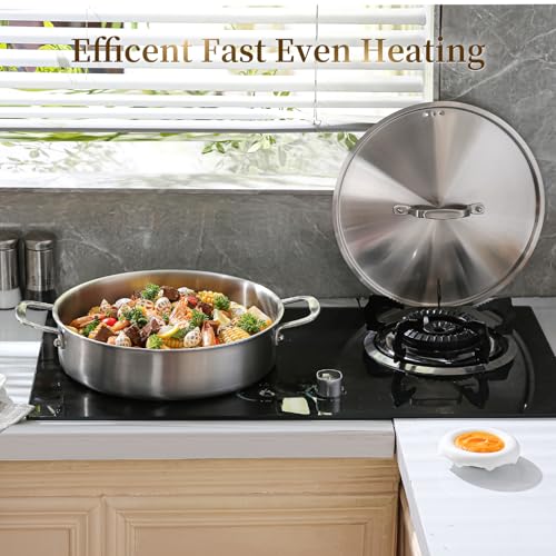 DELARLO Tri-Ply Stainless Steel 8 Quart Braiser Pan with Lid Induction Rondeau Pot With Lid 12inch Deep Frying Pan Large Saute Pan Heavy Duty Style Compatible With All Cooktops Up to 650℉ - Image 2