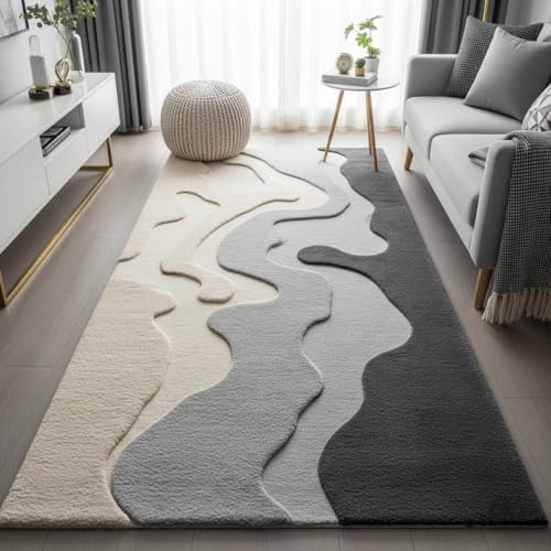 Image of Hand Tufted Wool Rug 3x5 Ft - Modern Irregular Shape Aesthetic Carpet, 1.5 Inch Thick Pile, Anti-Skid Backing, Soft Handmade Woolen Area Rug for Living Room, Bedroom, Hall Decor