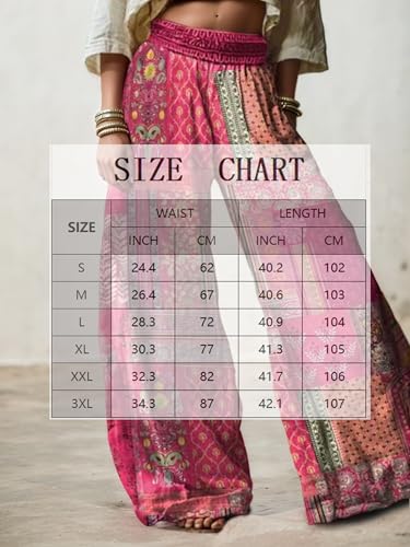Women's Boho Linen Pants Floral Printed Wide Leg Elastic Waist Flowy Beach Palazzo Pants Trousers3