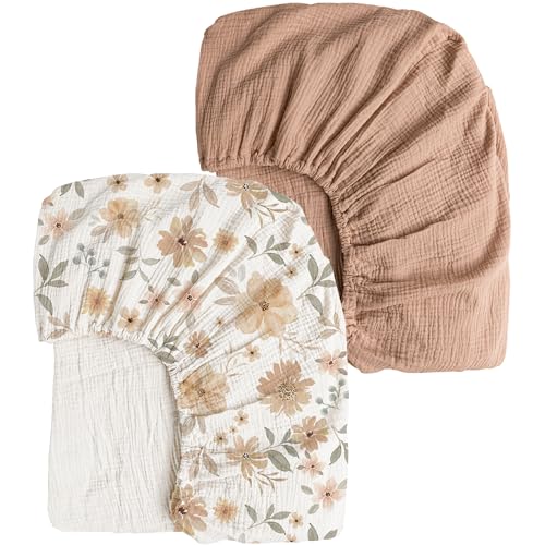 Image of Konssy Muslin Crib Sheets 2 PCS 100% Cotton Baby Crib Sheets for Standard Crib Mattress (28" x 52"), Soft and Breathable for Boys, Girls (Toffee, Flourish)