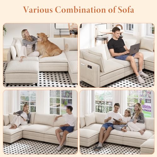 Image of Vesgantti 109 inch U Shaped Cloud Sectional Sofa, Comfy Corduroy Upholstered Sectional Modular Sofas for Living Room, Modern Modular Couch with 2 Ottoman Deep Seat, Beige