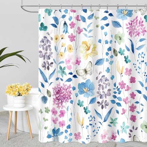 Extra Long Shower Curtain 84 Inch, Tall Blue Pink Floral Bathroom Decor