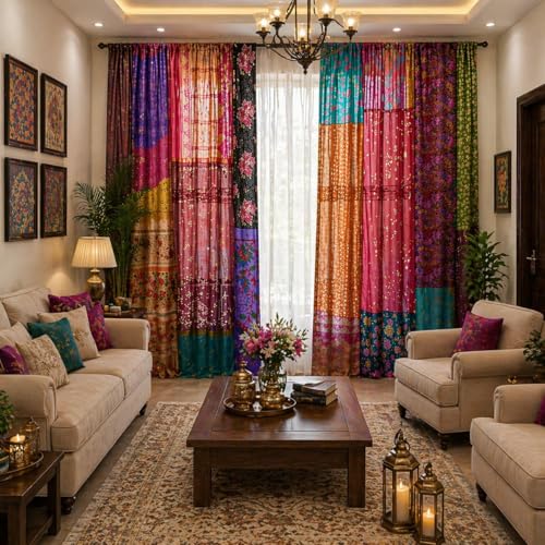 YILLE Handmade Vintage Indian Silk Sari Patchwork Curtains, Multicolor Bohemian Window & Door Drapes Boho Ethnic Decorative Recycled Saree Fabric Curtain Panels for Living Room Home Decor (1 Pair)