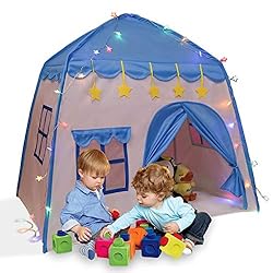 LimitlessFunN 420D Oxford Fabric Flower Kids Play Tent with Star Lights, 51″x40″ Large Castle Playhouse for Boys & Girls, Indoor & Outdoor, Blue