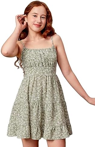 COZYEASE Girls&#39; Floral Print Ruched Bust Ruffle Hem Sleeveless High Waist Cami Dress Boho Short Dresses