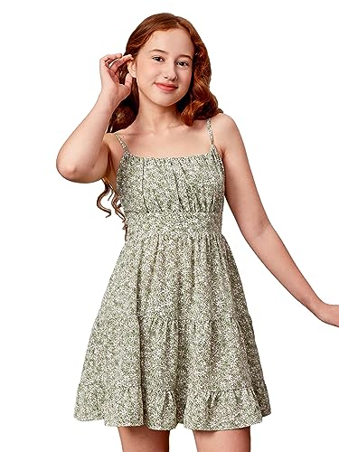 COZYEASE Girls' Floral Print Ruched Bust Ruffle Hem Sleeveless High Waist Cami Dress Boho Short Dresses