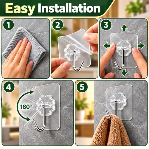 Image of Transparent Adhesive Wall Hooks with 180 Degree Rotatable Stainless Steel Hook, Flower Design Self Stick Wall Hanger for Kitchen Bathroom Home and Office, Pack of 20