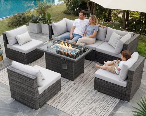 NICESOUL High-End Outdoor Patio Furniture Set with Natural Gas/Propane Firepits, 7 Piece Large Wicker Sectional Couches with Fire Table, 29.3'' High Back Deep Seating Comfy Conversation Sofas, Gray