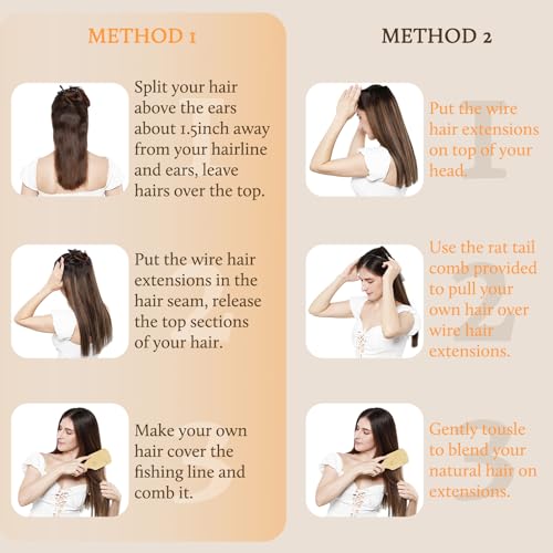 Image of DOORES Wire Hair Extensions 14 Inch 75g Remy Human Wire Hair Extensions Invisible Transparent Line Adjustable Hairpieces Secret Extensions Straight Hair Balayage Dark Brown to Chestnut Brown