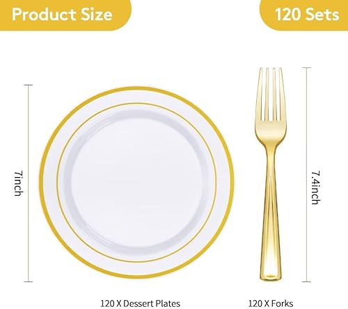 Miniatura 4 de Goodluck 240 platos dorados con tenedores de plástico, platos de postre dorados para 120 invitados, platos desechables resistentes para fiestas,