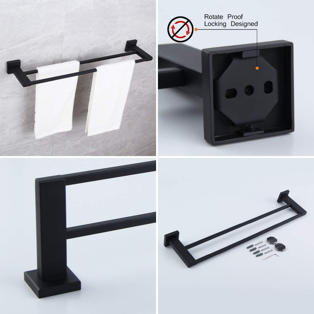 Matte Black 4-Pieces Bathroom Accessories Kit Wall Mounted Bathroom Hardware Set SUS 304 Stainless Steel - Includes 24 Double Towel Bar, Towel ring, Toilet Paper Holder, Robe Towel Hooks