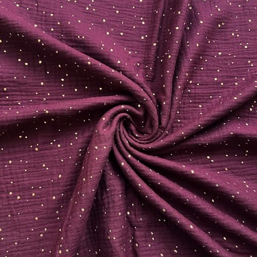 TexTrend Tissu au Mètre - Double Gaze Mousseline - Coton - 1 Mètre 160 x 100 cm - Tissu pour Couture - Enfants - Doux et Moelleux - Bordeaux avec Pois Dorés