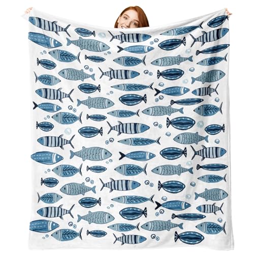 Zzkol Coastal Blue Fish Theme Flannel Throw Blanket Sea Ocean Birthday Gifts for Adults Kids Men Women Beach Nautical Soft Blankets for Bedding Sofa 50 x 60