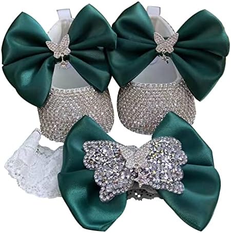 Handmade Bling Diamond Baby Shoes with Headband Set, Crystal Newborn Shoes, Pearl Shoes, Anti-Slippery Shoes. (0-6M, Green), 0 Months Wide Infant