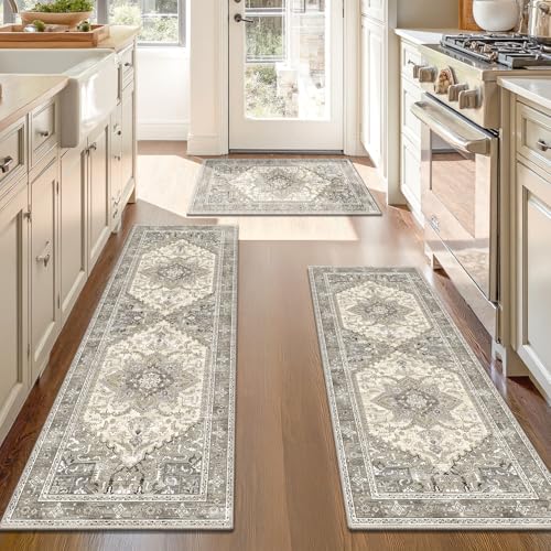 Yamaziot Boho Washable Kitchen Rugs Sets of 3, Non Slip Kitchen Mats for Floor with Rubber Backing, Waterproof & Stain Resistant Carpet Runner Throw Rug for Kitchen, Laundry Room, Hallway, Beige Grey