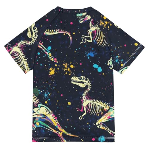 Boys Short Sleeve T-Shirts Dinosaur Fossil Graffiti Skull Rashguard Kids Swim Shirts Sun UPF 50+2