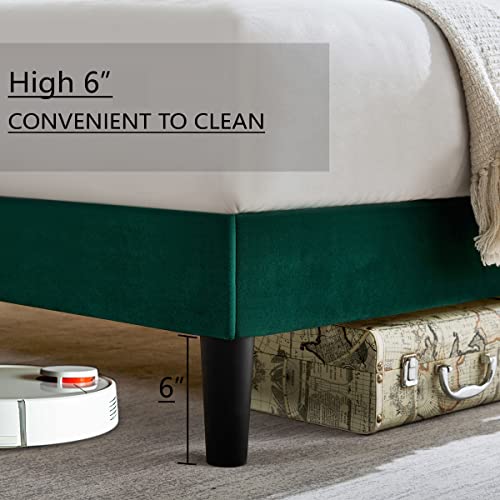 Queen Platform Bed Frame Green Velvet Upholstered Bed Frame With Vertical Geometric Adjustable Headboard,Wooden Slats Support,No Box Spring Needed,Mattress Foundation,Easy Assembly,Noise Free Design #TOP6