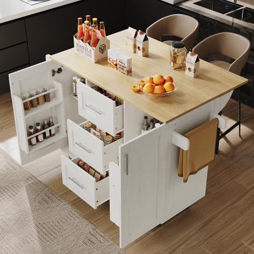 vutizal Isla de cocina blanca con placa plegable y ruedas extraíbles, armario de cocina 2 en 1 o carrito de comedor móvil de 135 cm, 3 cajones y estante para aperitivos, armario buffet con toallero