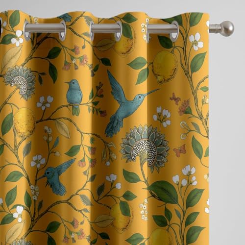 Image of BFAM Floral Print 100% Blackout Curtain with Black Linning at Back, Floral Print Curtains for Living Room /Bedroom Thermal Insulated Energy Saving, Yellow Bird, 7FT, Pack of 1 Curtain