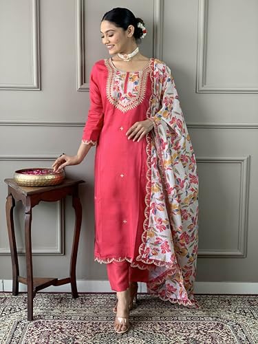 Image of Naixa Women's Pure Cotton Embroidered Straight Kurta with Pant and Dupatta Sets for Wedding and Festival Wear
