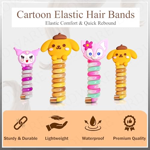 Image of BIRDWARE Rainbow Pack of 5 Colorful Telephone Wire Spiral Hair Ties with Cute Cartoon Designs - Elastic, No-Crease Bands for Kids and Women