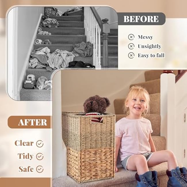 Stair Basket Wicker Stair Step Basket with Handles for Wooden & Carpeted, Natural Woven Water Hyacinth Staircase Storage Organizer for Home and Office Decoraton