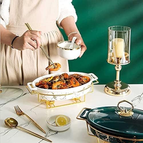 Buffetwärmer-Set, Keramik-Chafer mit Marmorimitat-Finish, mit Glasdeckel und Brennstoffhaltern, für Buffet-Hochzeiten, Partys, Bankette, Catering-Events,Grün a,36 * 22 * 5,5cm – Bild 3