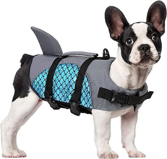 Inllex Premium Dog Life Vest for Swimming & Boating, Grey & Blue Mermaid Scale Pattern with Shark Fin, Secure Fit Adjustable Straps, Quick Release Buckles, and Top Grab Handle for Canine Water Safety
