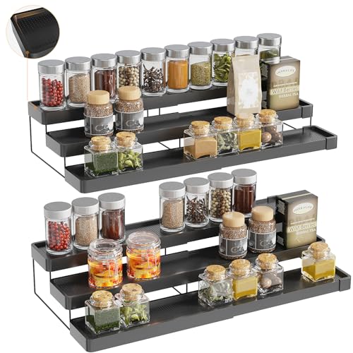 2 Pack Expandable Spice Rack Organizer for Cabinet – 3 Tier Adjustable Cabinet Spice Organizer Easy Visibility – Spice Organizer for Cabinet Countertop Cupboard Pantry Organization (Black)
