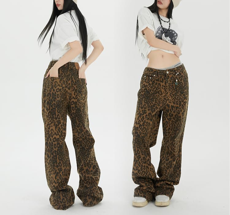 POHADON Women Leopard Print Pants Vintage Baggy Wide Leg Y2k Jeans Cheetah Denim Pants Vintage Trendy Y2k Streetwear2
