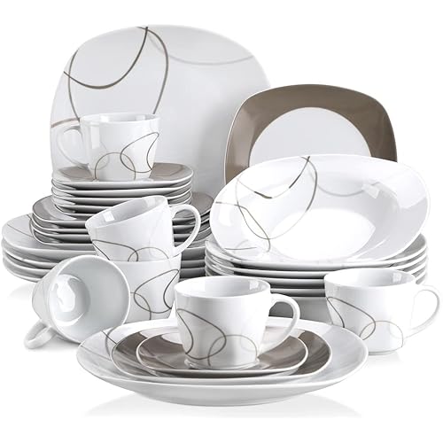 VEWEET 'Nikita' 30-Piece Dinner Set Ivory White Brown Lines Porcelain China Ceramic Combination Sets of Dessert Plates/Soup Plates/Dinner Plates/Cups/Saucers Service for 6