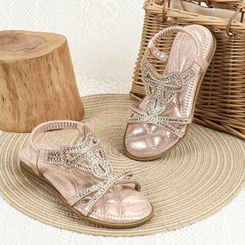 Girls Bohemian Rhinestone Sandals Kids Summer Beach Wedding Crystal Open Toe Flats Sandal with Elastic Ankle Strap3