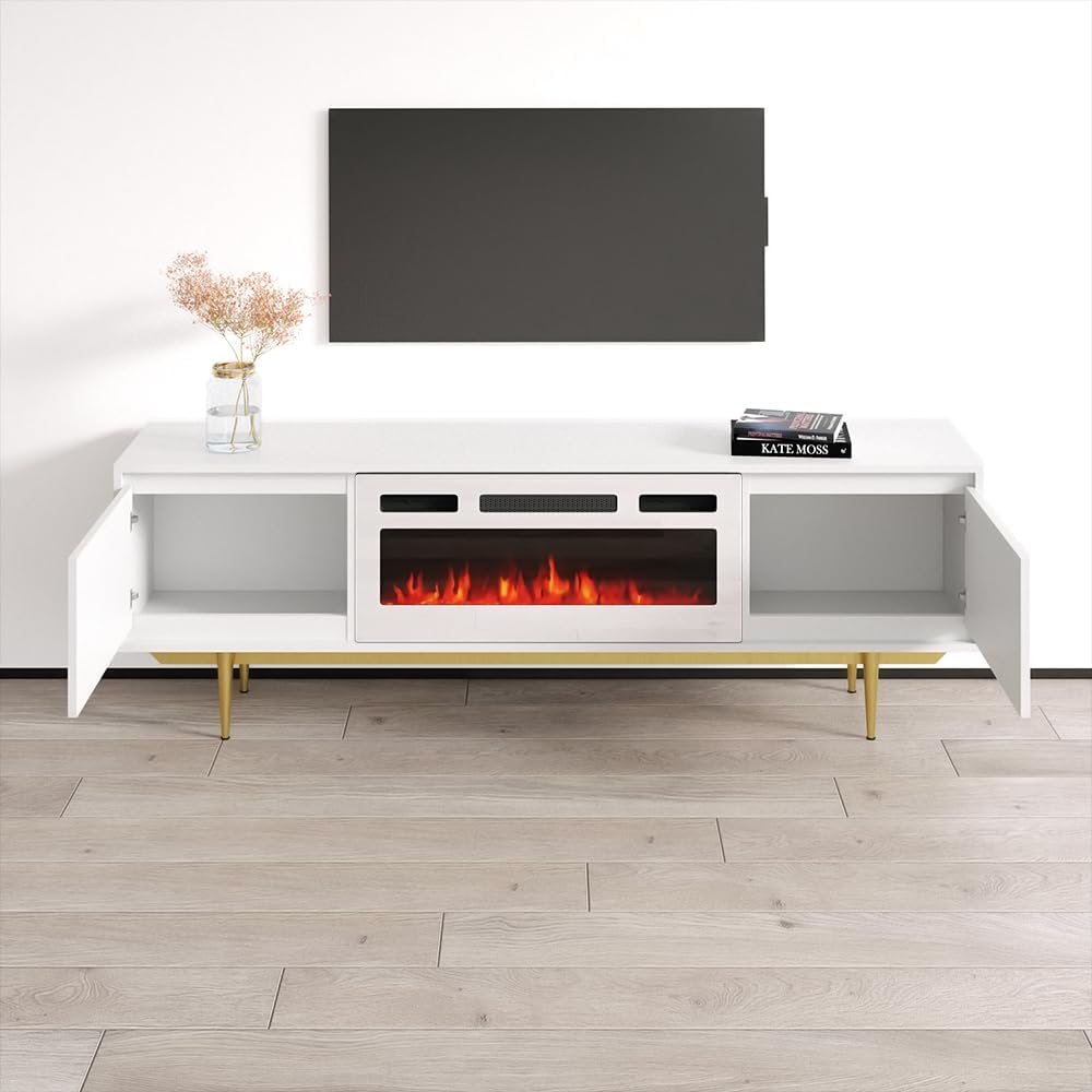 Meble Furniture Maze WH-EF Electric Fireplace TV Stand — Modern High Gloss Front with Matte Body — Storage Cabinets, Fits TVs up to 80", 63.8" W x 16.5" D x 27.2" H — White