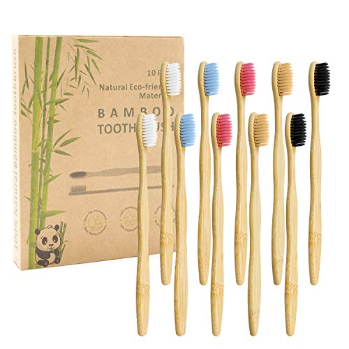 Brosse à Dents de Bambou Paquet de 10 - Brosse à Dents en Bambou à 5 couleurs - Poils Doux Naturels - Brosse à Dents en Bambou Ecologique Biodégradable pour Une Utilisation Quotidienne en Famille Cover