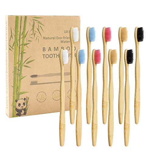 Brosse à Dents de Bambou Paquet de 10 - Brosse à Dents en Bambou à 5 couleurs - Poils Doux Naturels - Brosse à Dents en Bambou Ecologique Biodégradable pour Une Utilisation Quotidienne en Famille