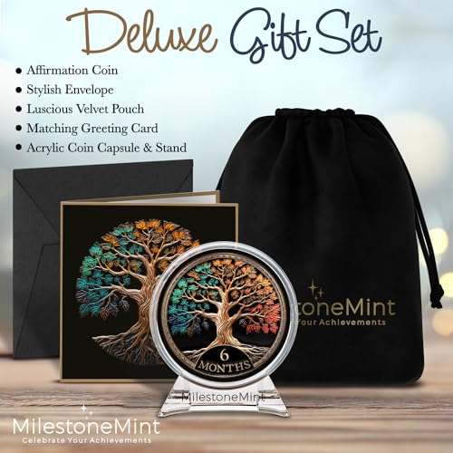 Image of MilestoneMint 6 Months Sobriety Coin Tree of Life Gift Set | Anniversary Sobriety Gifts for Men & Women | AA Coins and Medallions with Token Capsule, Stand & Card | 3D Texture, Recovery AA Chips