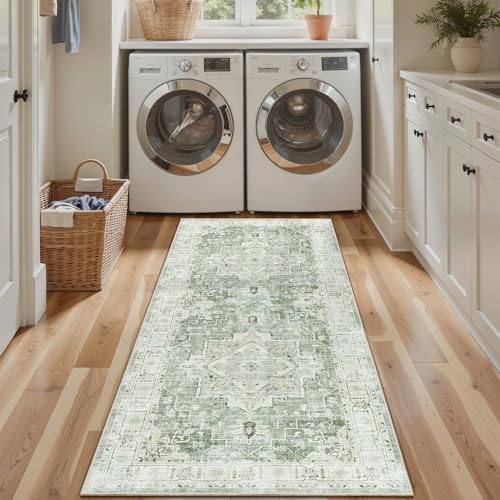 Madane Washable Runner Rug - 2x6 Rug Runners for Hallways 6 Foot Non Slip Vintage Kitchen Runner Rug Ultra-Thin Bathroom Runner Rugs Carpet Laundry Room Bedroom (2x6ft, Green/Ivory)