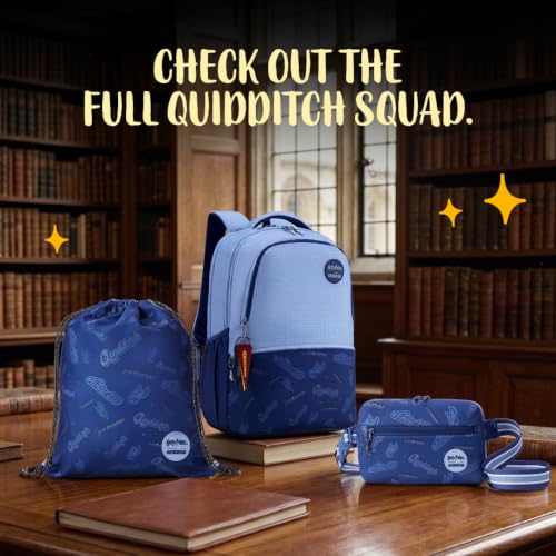 Image of Harry Potter x American Tourister Quidditch Backpack | 33L Bag | AT Playunique Interchangeable Puller House Collection & Stickers | School Bag for Girls & Boys | Blue Denim | 1 Yr Global Warranty