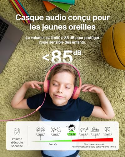Belkin SoundForm Mini Casque Audio Enfant Filaire avec connecteurs USB-C et 3,5 mm, Micro et Autocollants, Volume de 85dB Max., pour apprentissages en Ligne, Voyages, iPhone, iPad, Galaxy, etc - Rose
