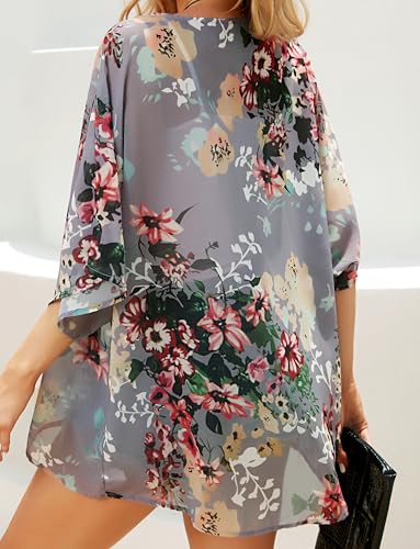 women39s floral print puff sleeve kimono cardigan loose cover up casual blouse tops