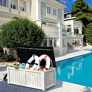 Yitahome 120 gallon large deck box resin outdoor storage box wlockable black lid for outdoor pillows garden tools and pool supplies waterproof lockable grayish white  urban country home decor